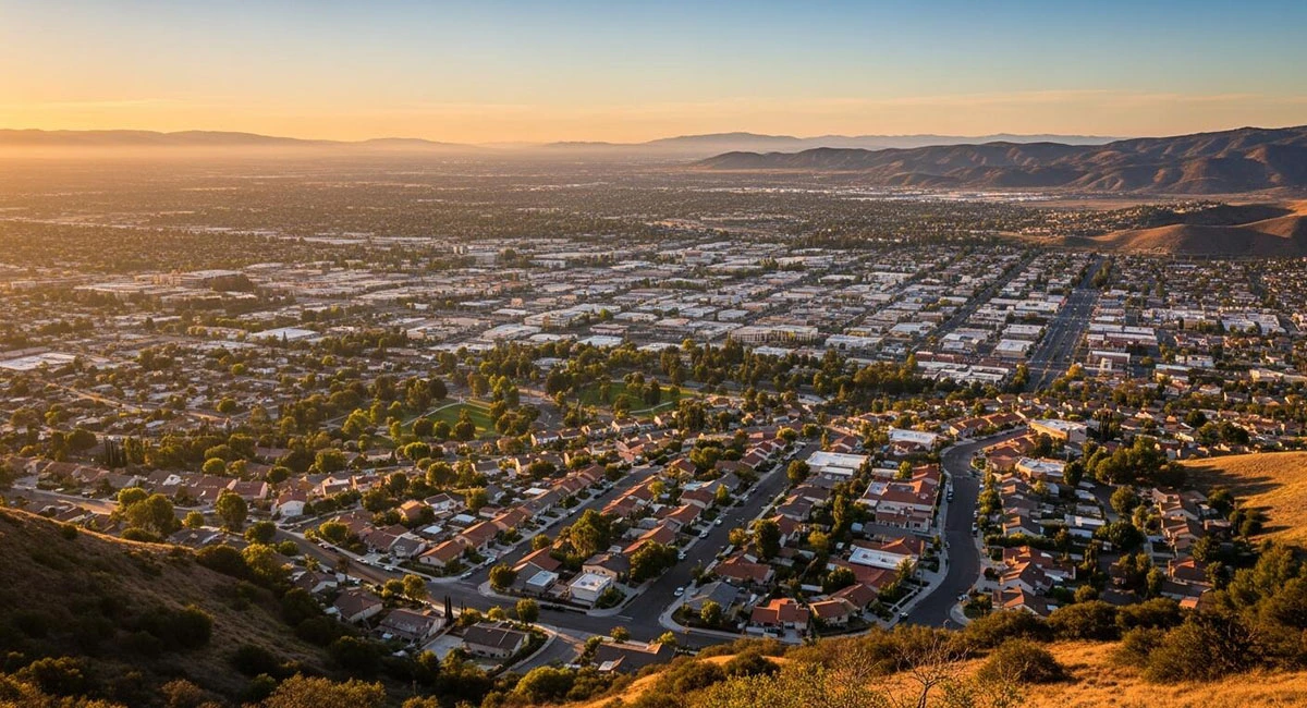 Aerial sunset view of Fletcher Hills, La Mesa with the residential neighborhood and East County valley behind — the home neighborhood of James Martial Arts Academy at 2356 Fletcher Pkwy